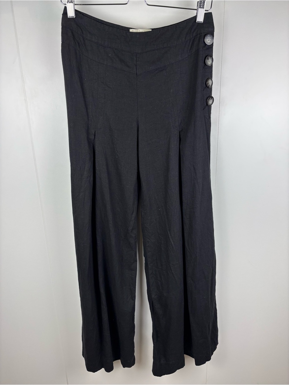 Elevenses Black Linen Blend Super Wide Leg Trousers Side Buttons High Waist sz 4